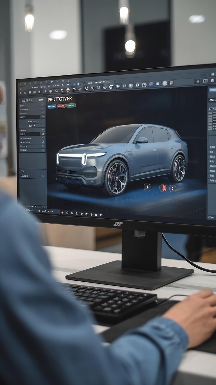Foto pantalla de computadora de cerca con software de personalización 3d para un prototipo de automóvil