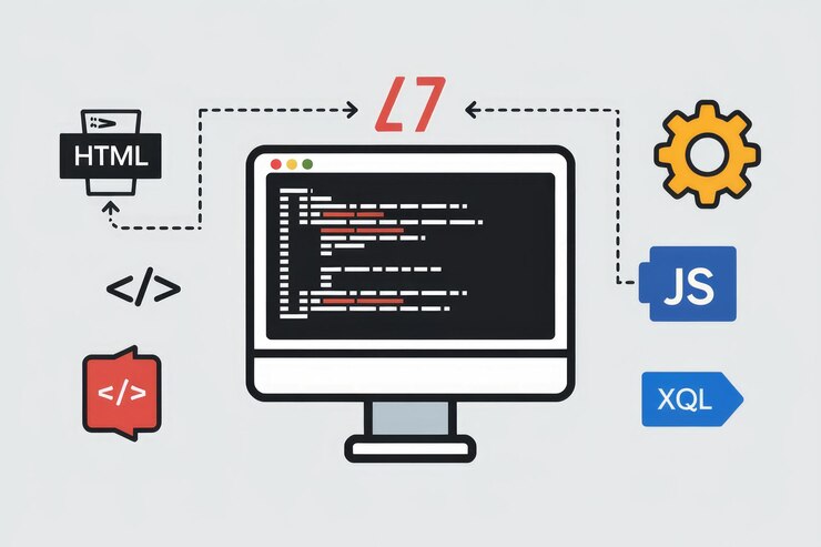 Foto una pantalla de computadora con código en ella que muestra las conexiones entre html css javascript y xql