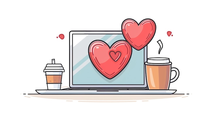 Foto una pantalla de computadora con un corazón en la pantalla y una taza de café con una tazón de café y una tazona de café