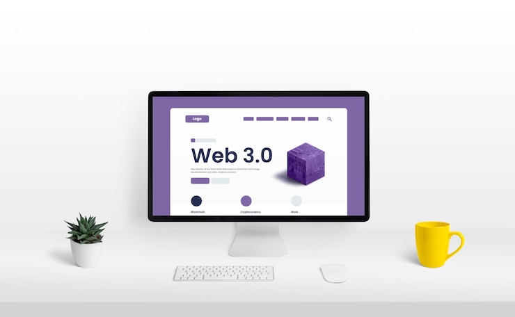 Foto pantalla de computadora en el escritorio con el diseño conceptual de la presentación del sitio web web 30