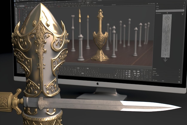 Una pantalla de computadora con una espada y una espada con la palabra ajedrez.