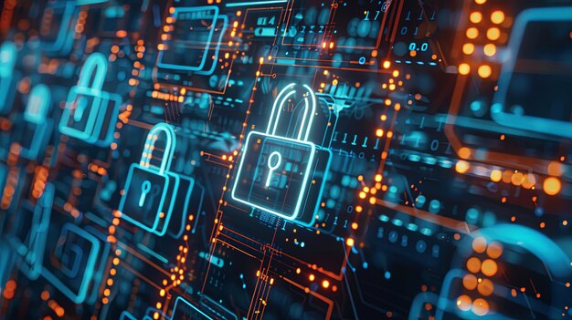 Una pantalla de computadora con un fondo azul y iconos naranjas y azules de cerraduras