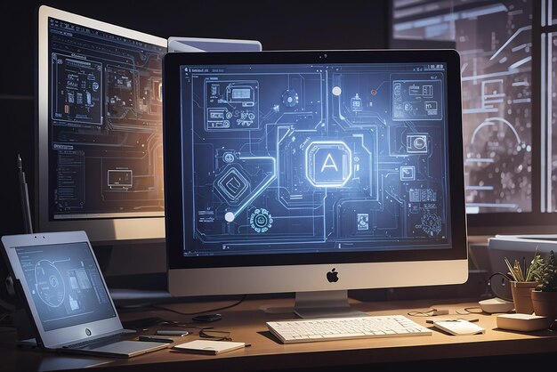 Pantalla de computadora de imagen con varios símbolos de IA