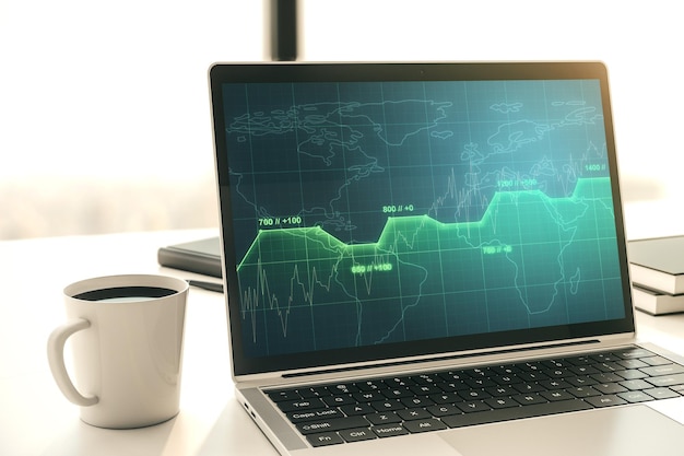 Pantalla de computadora moderna con análisis de bocetos de hoja de cálculo de datos gráficos abstractos y concepto de análisis Representación 3D