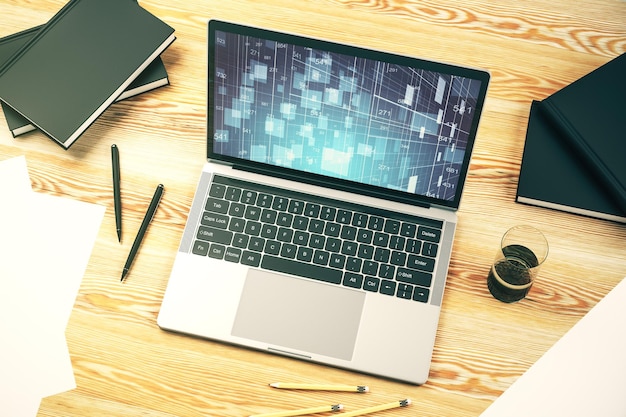 Pantalla de computadora moderna con análisis de bocetos de hoja de cálculo de datos gráficos abstractos y concepto de análisis Representación 3D