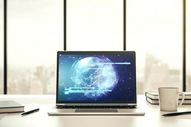 Pantalla de computadora moderna con boceto de codificación creativa abstracta y mapa del mundo inteligencia artificial y concepto de redes neuronales Renderización 3D
