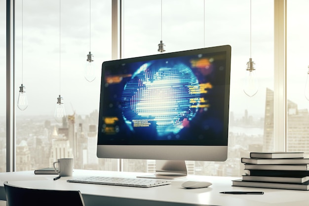 Pantalla de computadora moderna con boceto de codificación gráfica abstracta y concepto de big data y redes de mapas mundiales Representación 3D