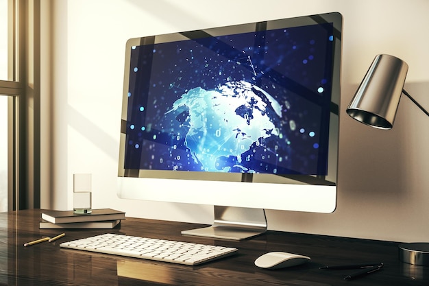 Pantalla de computadora moderna con boceto de codificación gráfica abstracta y concepto de big data y redes de mapas mundiales Representación 3D