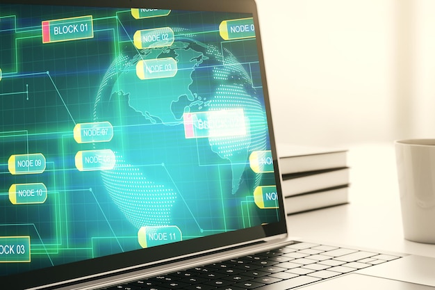 Pantalla de computadora moderna con boceto de codificación gráfica abstracta y concepto de big data y redes de mapas mundiales Representación 3D