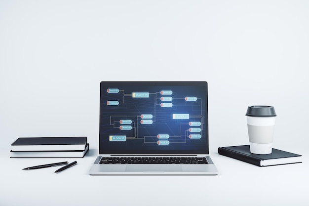 Pantalla de computadora moderna con codificación creativa abstracta boceto inteligencia artificial y concepto de redes neuronales Renderización 3D