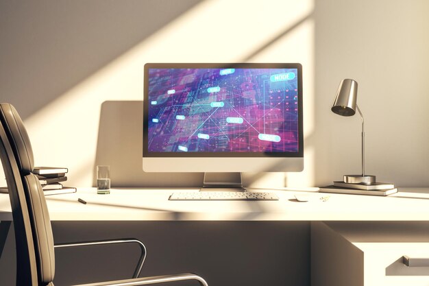 Pantalla de computadora moderna con codificación creativa abstracta boceto inteligencia artificial y concepto de redes neuronales Renderización 3D