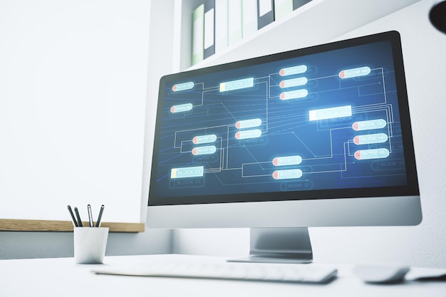 Pantalla de computadora moderna con codificación gráfica abstracta boceto de big data y concepto de redes 3D Rendering