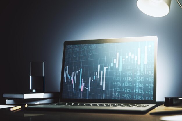Pantalla de computadora moderna con concepto de análisis e investigación de gráficos financieros creativos abstractos Representación 3D