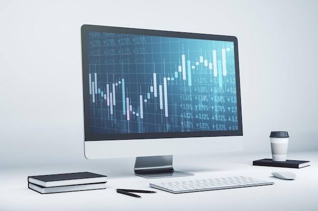 Pantalla de computadora moderna con concepto de análisis e investigación de gráficos financieros creativos abstractos Representación 3D