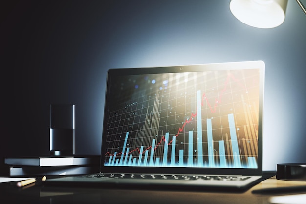 Pantalla de computadora moderna con concepto de análisis e investigación de gráficos financieros creativos abstractos Representación 3D
