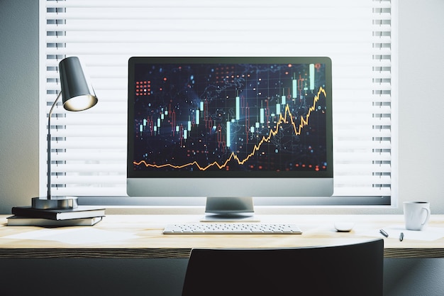 Pantalla de computadora moderna con concepto de análisis e investigación de gráficos financieros creativos abstractos Representación 3D