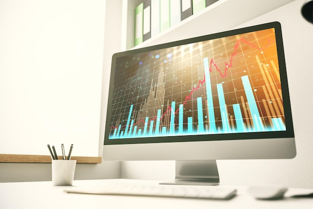 Pantalla de computadora moderna con concepto de análisis e investigación de gráficos financieros creativos abstractos Representación 3D