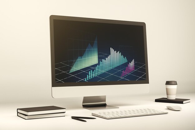 Pantalla de computadora moderna con concepto de análisis e investigación de gráficos financieros creativos abstractos Representación 3D