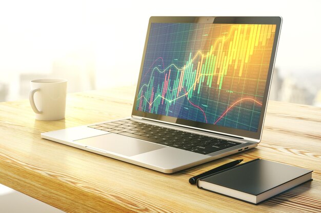 Pantalla de computadora moderna con concepto de análisis e investigación de gráficos financieros creativos abstractos Representación 3D