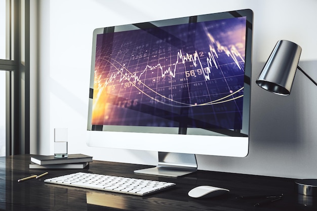 Pantalla de computadora moderna con concepto de análisis e investigación de gráficos financieros creativos abstractos Representación 3D