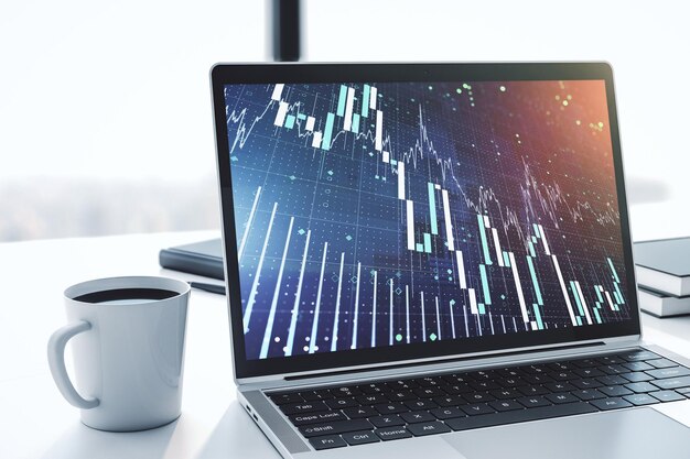 Pantalla de computadora moderna con concepto de análisis e investigación de gráficos financieros creativos abstractos Representación 3D