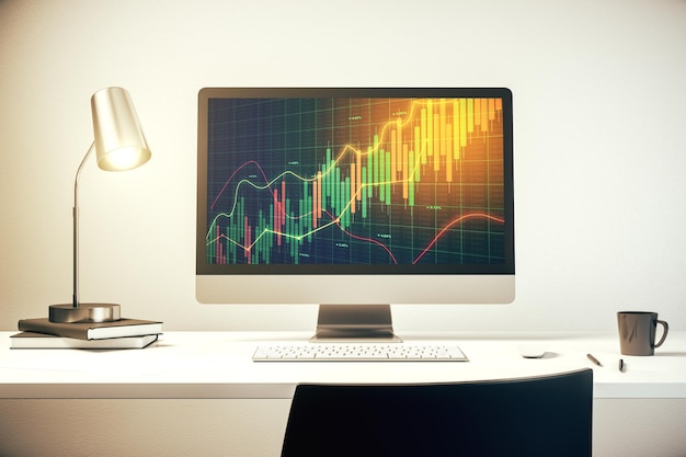 Pantalla de computadora moderna con concepto de análisis e investigación de gráficos financieros creativos abstractos Representación 3D