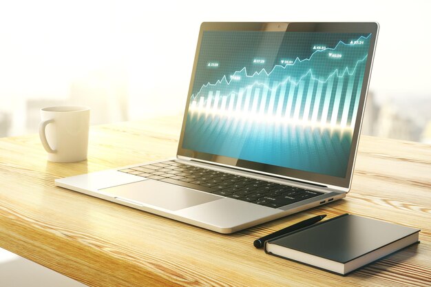 Pantalla de computadora moderna con concepto de análisis e investigación de gráficos financieros creativos abstractos Representación 3D