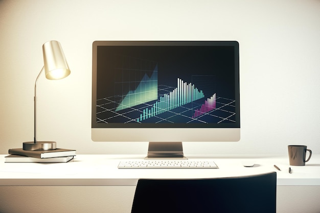 Pantalla de computadora moderna con concepto de análisis e investigación de gráficos financieros creativos abstractos Representación 3D