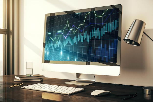 Pantalla de computadora moderna con concepto de análisis e investigación de gráficos financieros creativos abstractos Representación 3D