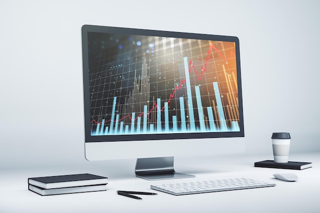 Pantalla de computadora moderna con concepto de análisis e investigación de gráficos financieros creativos abstractos Representación 3D