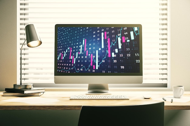 Pantalla de computadora moderna con concepto de análisis e investigación de gráficos financieros creativos abstractos Representación 3D
