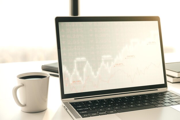 Pantalla de computadora moderna con concepto de análisis e investigación de gráficos financieros creativos abstractos Representación 3D
