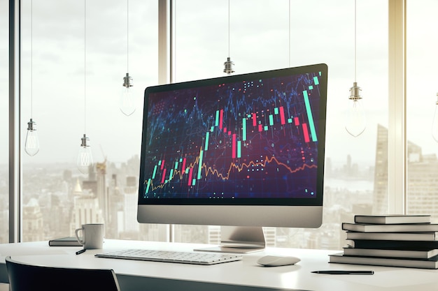 Pantalla de computadora moderna con concepto de análisis e investigación de gráficos financieros creativos abstractos Representación 3D