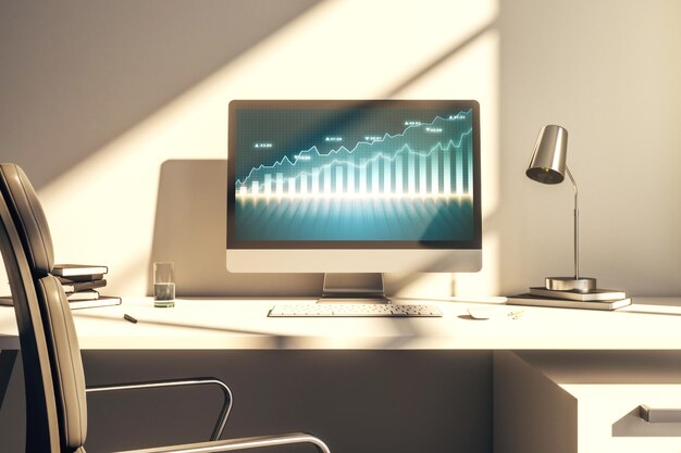 Pantalla de computadora moderna con concepto de análisis e investigación de gráficos financieros creativos abstractos Representación 3D