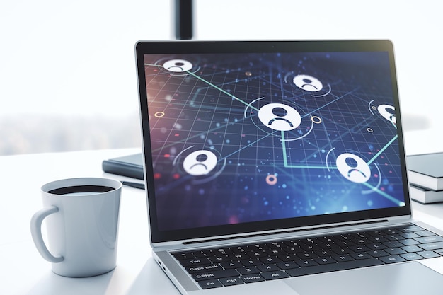 Pantalla de computadora moderna con concepto de iconos de redes sociales Concepto de red Renderizado en 3D