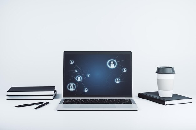Pantalla de computadora moderna con concepto de iconos de redes sociales Concepto de red Representación 3D