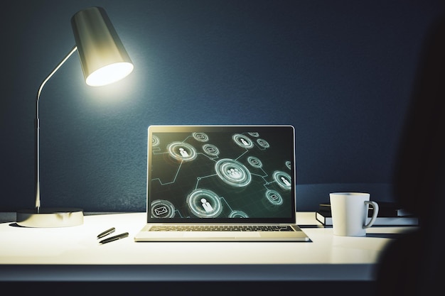 Pantalla de computadora moderna con concepto de iconos de redes sociales Concepto de red Representación 3D