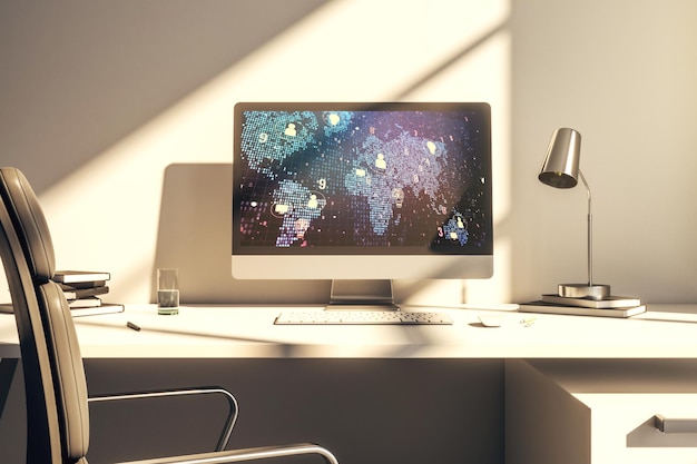 Pantalla de computadora moderna con concepto de iconos de redes sociales y mapa mundial Concepto de red Representación 3D