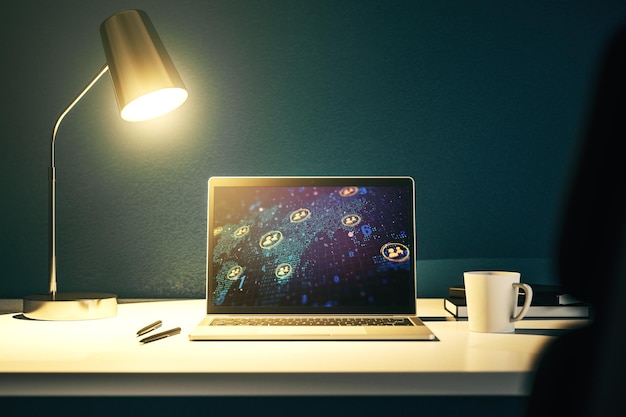 Pantalla de computadora moderna con concepto de iconos de redes sociales y mapa del mundo Concepto de red Renderización 3D