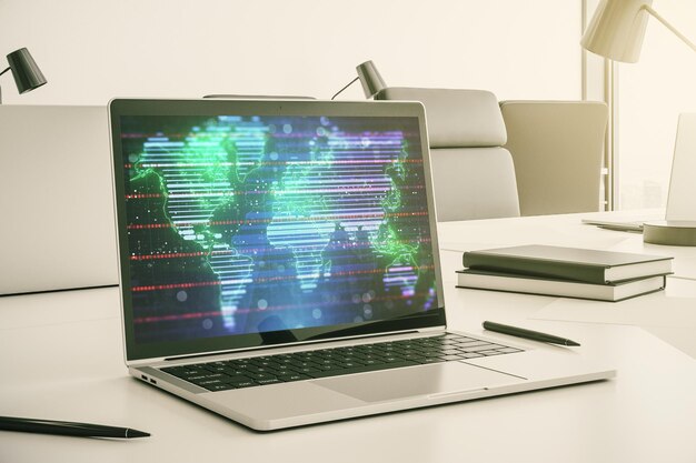 Pantalla de computadora moderna con concepto de investigación y análisis de mapas digitales creativos abstractos Representación 3D