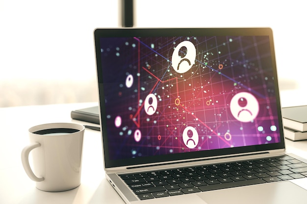 Pantalla de computadora moderna con concepto de medios de red social 3D Rendering