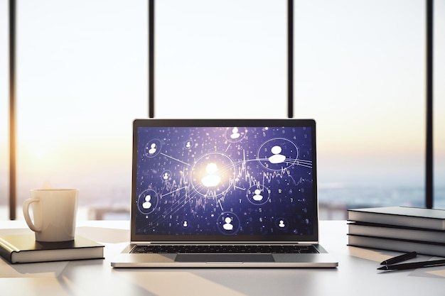 Pantalla de computadora moderna con concepto de medios de red social 3D Rendering