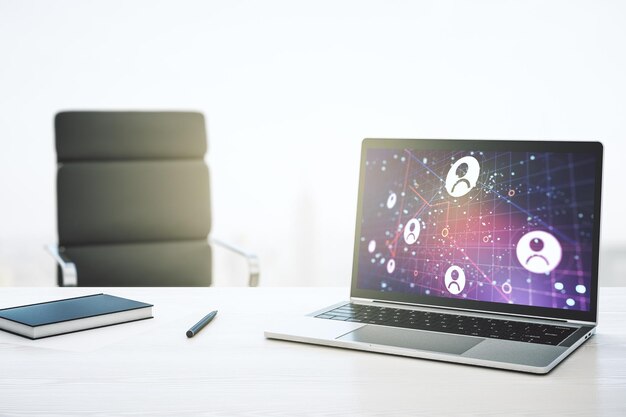 Pantalla de computadora moderna con concepto de medios de red social 3D Rendering