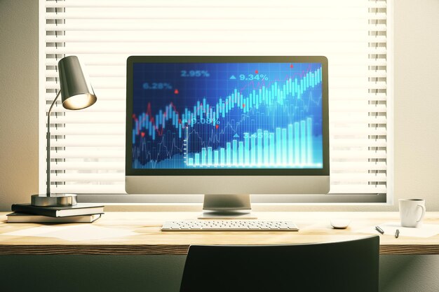 Pantalla de computadora moderna con diagrama financiero abstracto concepto bancario y contable Renderizado en 3D