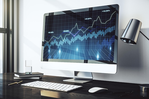 Pantalla de computadora moderna con diagrama financiero abstracto concepto bancario y contable Representación 3D