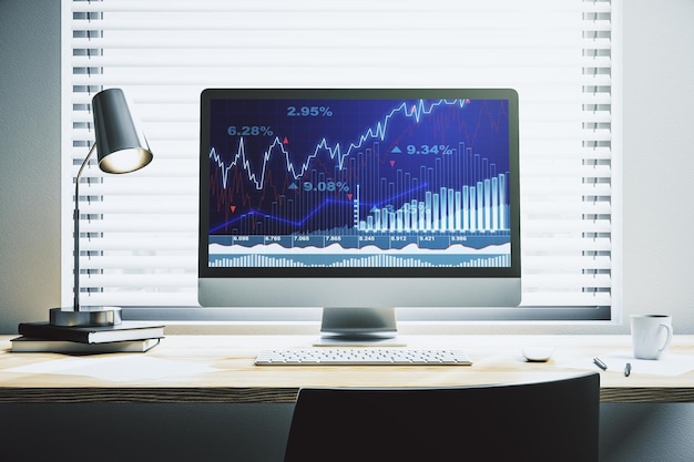 Pantalla de computadora moderna con diagrama financiero abstracto concepto bancario y contable Representación 3D