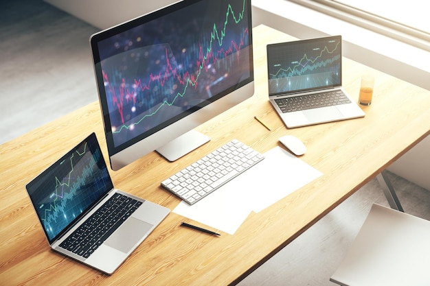 Pantalla de computadora moderna con diagrama financiero abstracto concepto bancario y contable Representación 3D