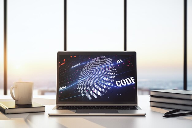 Pantalla de computadora moderna con dibujo gráfico abstracto de huellas dactilares concepto de datos de escaneo de huellas dactilares Representación 3D
