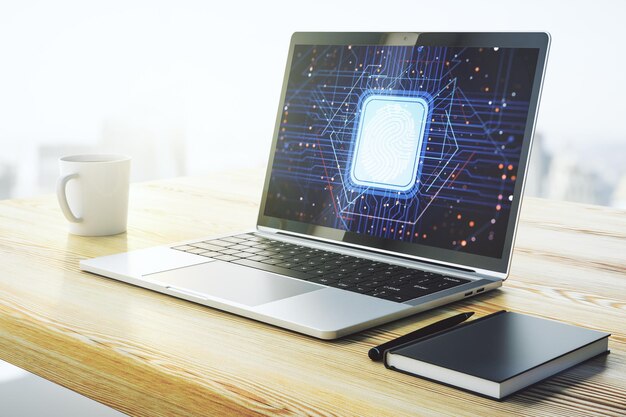 Pantalla de computadora moderna con dibujo gráfico abstracto de huellas dactilares concepto de datos de escaneo de huellas dactilares Representación 3D