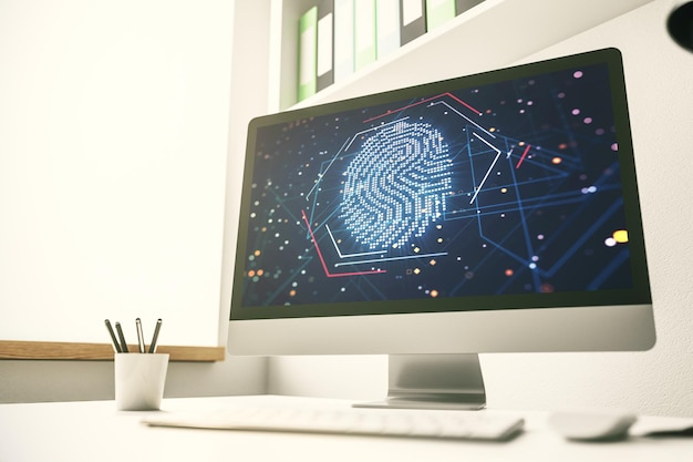 Pantalla de computadora moderna con dibujo gráfico abstracto de huellas dactilares concepto de datos de escaneo de huellas dactilares Representación 3D